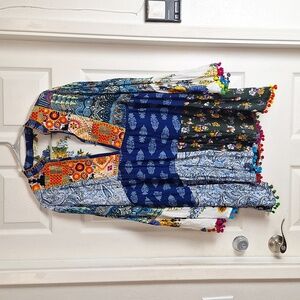 Anandas Bell-Sleeve Peasant Dress patchwork Women size XL